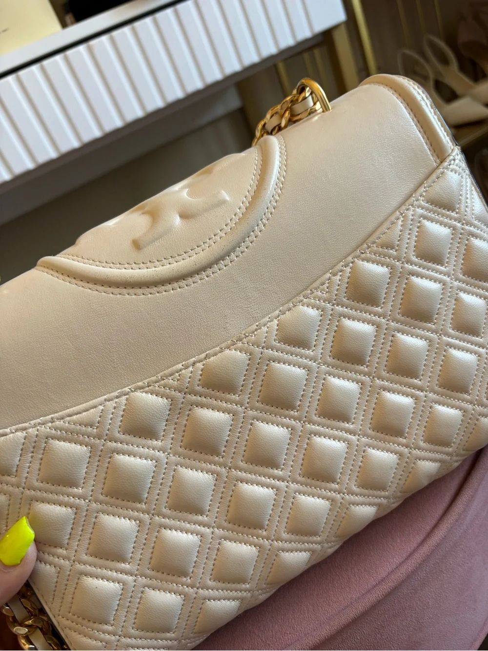 Tory Burch Cream Quilted Leather Shoulder Bag with Tassel and Gold Chain